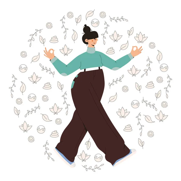Leuke Vrouw Oefenen Mindful Walking Oefening Natuur Bladeren Concept Illustratie — Stockvector