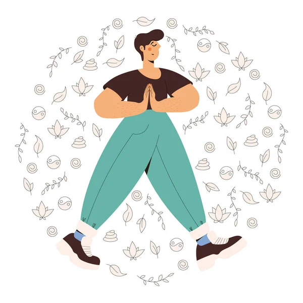Leuke Man Oefenen Mindful Walking Oefening Natuur Bladeren Concept Illustratie — Stockvector