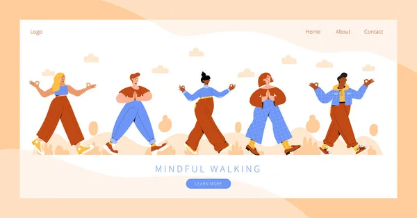 Conjunto Personas Que Practican Ejercicio Caminata Consciente Naturaleza Ilustración Conceptual — Vector de stock