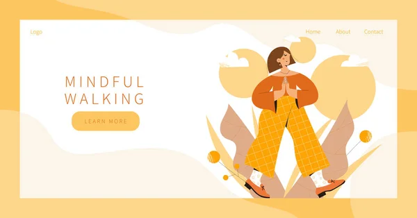 Doğa ve yapraklar üzerinde dikkatli yürüyüş egzersizi yapan tatlı bir kadın. Meditasyon için illüstrasyon, rahatlama, dinlenme, sağlıklı yaşam tarzı, farkındalık pratiği, ruhsal disiplin. İniş sayfası, bayrak desing