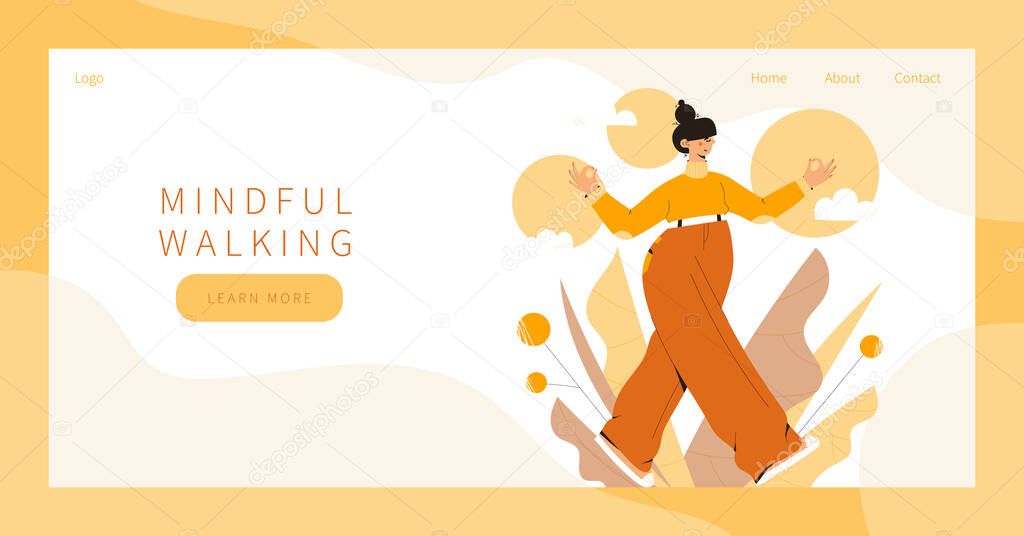 Cute woman practicing mindful walking exercise in nature and leaves. Concept illustration for meditation, relax, recreation, healthy lifestyle, mindfulness practice, spiritual discipline. Landing page, banner desing