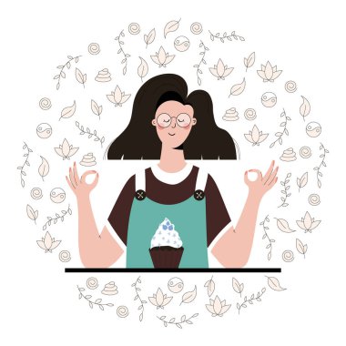 Özenli beslenme egzersizi yapan tatlı bir kadın. Meditasyon için illüstrasyon, rahatlama, dinlenme, sağlıklı yaşam tarzı, farkındalık pratiği. Düz trend vektör illüstrasyonu