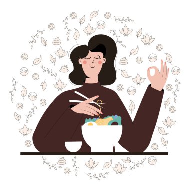 Özenli beslenme egzersizi yapan tatlı bir kadın. Meditasyon için illüstrasyon, rahatlama, dinlenme, sağlıklı yaşam tarzı, farkındalık pratiği. Düz trend vektör illüstrasyonu