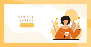Özenli beslenme egzersizi yapan tatlı bir kadın. Meditasyon için illüstrasyon, rahatlama, dinlenme, sağlıklı yaşam tarzı, farkındalık pratiği. İniş sayfası, pankart tasarımı
