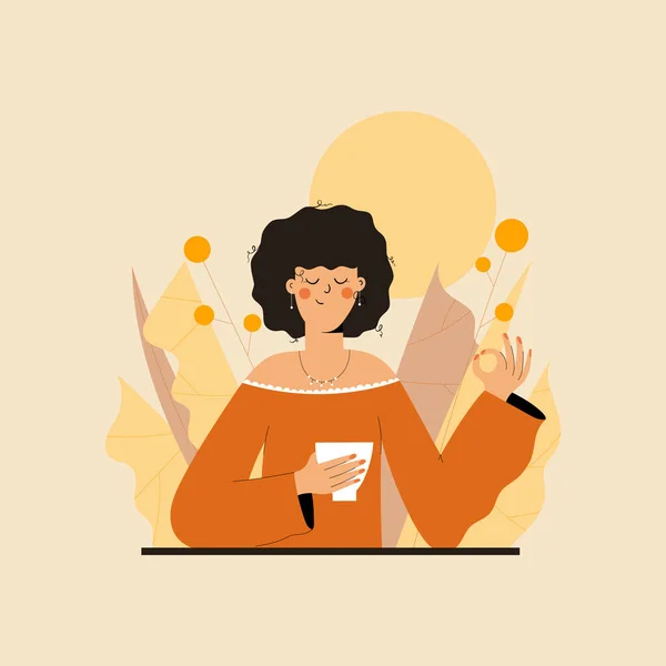 Özenli beslenme egzersizi yapan tatlı bir kadın. Meditasyon için illüstrasyon, rahatlama, dinlenme, sağlıklı yaşam tarzı, farkındalık pratiği. Düz trend vektör illüstrasyonu