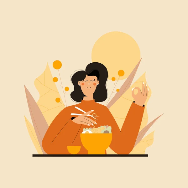 Leuke Vrouw Oefenen Mindful Eten Oefening Natuur Bladeren Concept Illustratie — Stockvector