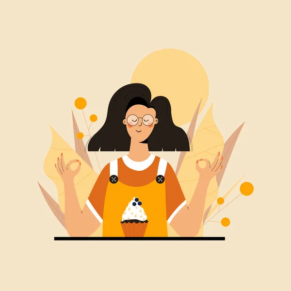 Özenli beslenme egzersizi yapan tatlı bir kadın. Meditasyon için illüstrasyon, rahatlama, dinlenme, sağlıklı yaşam tarzı, farkındalık pratiği. Düz trend vektör illüstrasyonu