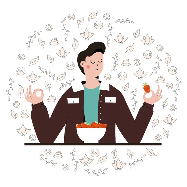 Doğada dikkatli beslenme egzersizi yapan tatlı bir adam. Meditasyon için illüstrasyon, rahatlama, dinlenme, sağlıklı yaşam tarzı, farkındalık pratiği. Düz trend vektör illüstrasyonu