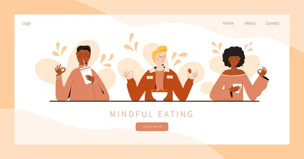 Conjunto Personas Que Practican Ejercicio Alimentación Consciente Ilustración Conceptual Para — Vector de stock