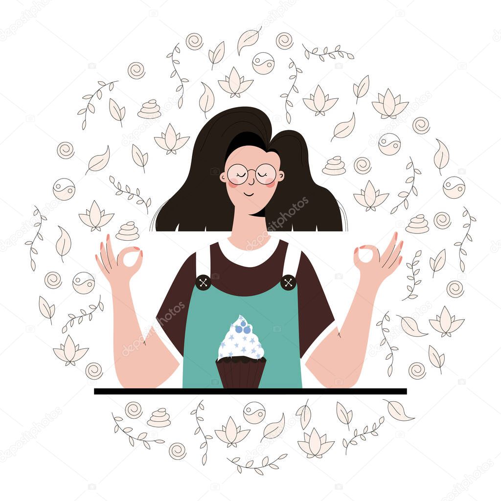 Cute woman practicing mindful eating exercise in nature and leaves. Concept illustration for meditation, relax, recreation, healthy lifestyle, mindfulness practice. Flat trendy vector illustration