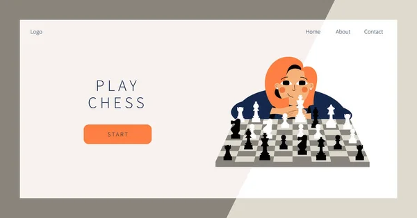 Juega landing page de ajedrez. Linda chica juega ajedrez. — Vector de stock