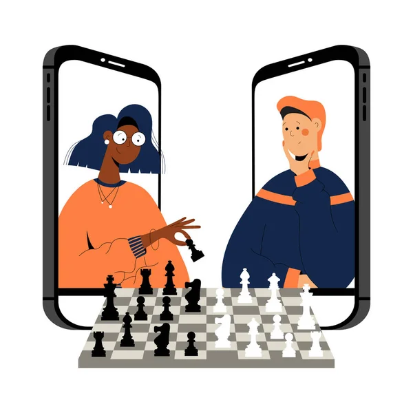 Dos personas juegan ajedrez en línea. — Vector de stock