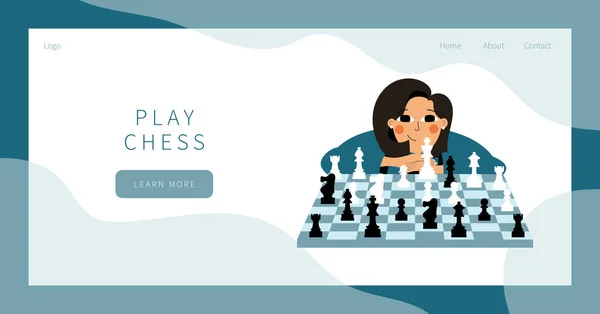 Juega landing page de ajedrez. Linda chica juega ajedrez. — Vector de stock