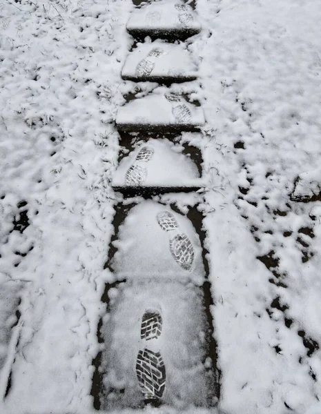 Footprints Shoes Snow Covered Staircase — Stock Photo, Image