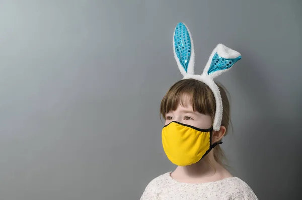 Cute Little Girl Bunny Ears Headband Yellow Protective Mask Grey — Zdjęcie stockowe
