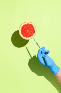 Coronavirus aşısı yaratıcı konsepti. Greyfurta enjekte edilen COVID-19 aşısı için şırınga tutan tıbbi eldiven verin. Pastel yeşil arkaplanda uçan nesneler