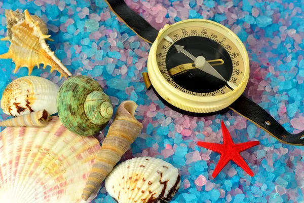 Shells, star and tourist compass on sea salt — Stock Photo, Image