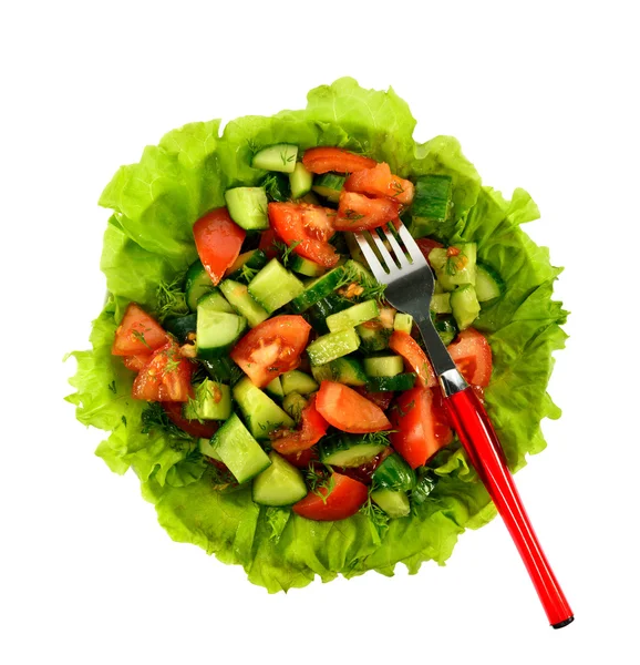 Salad of tomatoes, cucumbers and dill on lettuce with a fork — Stock Photo, Image