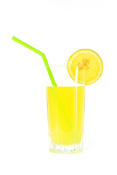 Glass of juice with a straw and lemon — Stock Photo, Image