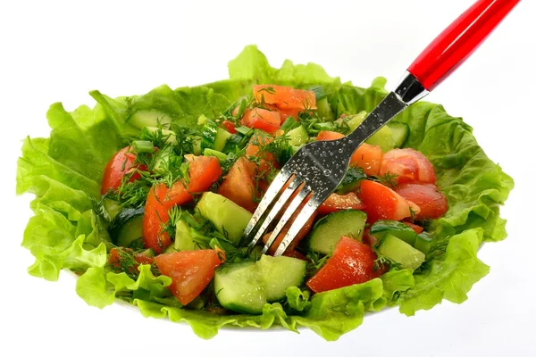 Salad of tomatoes, cucumbers and dill on lettuce leaves with a fork — Stock Photo, Image