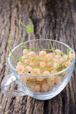 Ahşap masa üzerinde şeffaf bir fincan kuş üzümü