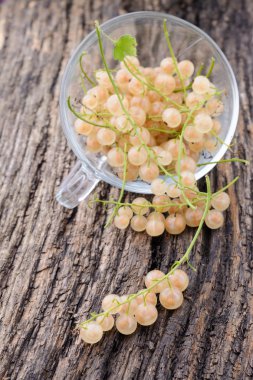 Ahşap masa üzerinde şeffaf bir fincan kuş üzümü