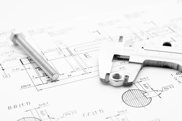 볼트, 너트 및 드로잉에 캘리퍼스 — 스톡 사진