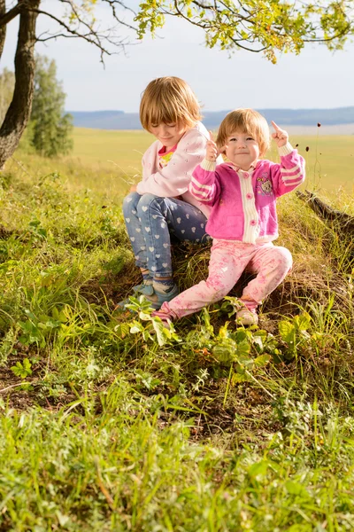 The sisters sitting on the grass — Stock Photo, Image