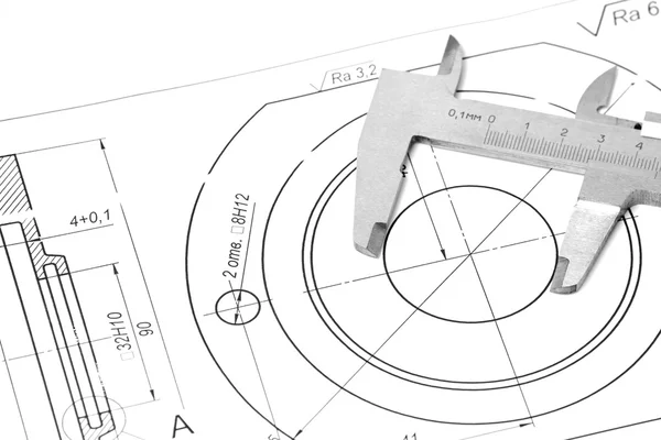 Instrumentos de medida e desenho nos desenhos — Fotografia de Stock