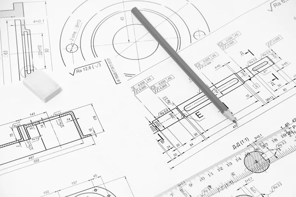 Instrumentos de medida e desenho nos desenhos — Fotografia de Stock