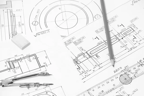 Instrumentos de medida e desenho nos desenhos — Fotografia de Stock