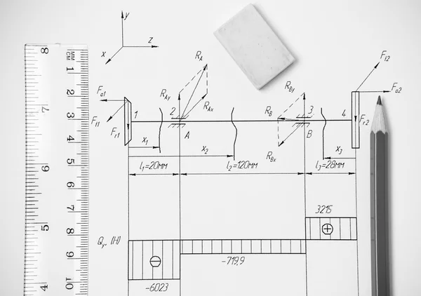 Instrumentos de medida e desenho nos desenhos — Fotografia de Stock