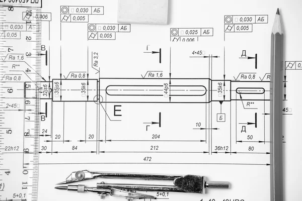 Measuring and drawing instruments in the drawings — Stock Photo, Image