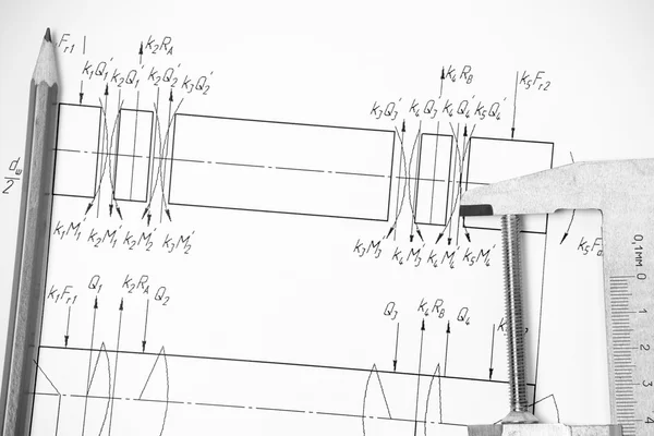 Instrumentos de medida e desenho nos desenhos — Fotografia de Stock