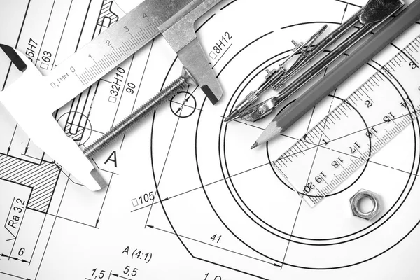 Измерительные и чертежные инструменты в чертежах Лицензионные Стоковые Изображения