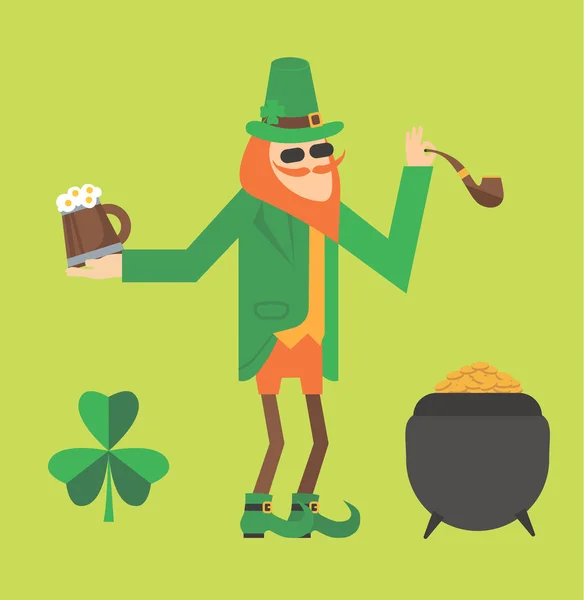 Plochá vektorové ikony Saint Patrick day.leprechaun bederní, kouření — Stockový vektor