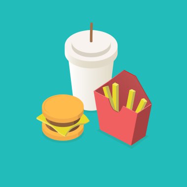 Fast food simgeler için menü izometrik ayarlayın. 3D düz tasarlamak vektör