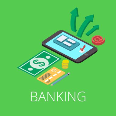 3D isometrical illüstrasyon hareket para düz. Bankacılık