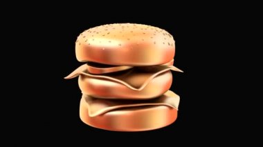 Hamburger Chromakey ve alfa kanalı ile siyah bir zemin üzerine dönen altın