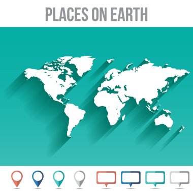 World Map with Pins, Flat Design Vector Illustration