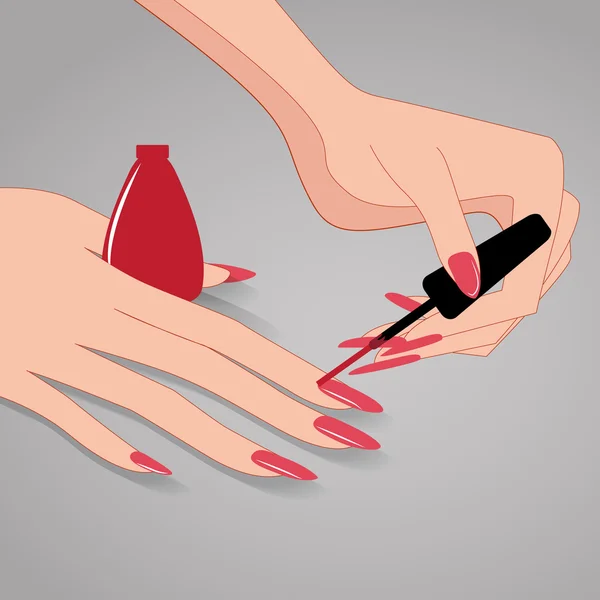 Manos de mujer, aplicación de esmalte de uñas, ilustración vectorial — Vector de stock