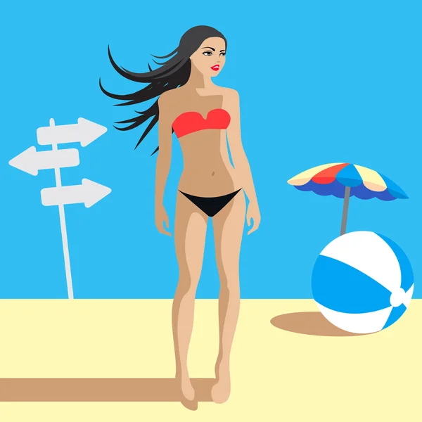 Beautiful Young Female on Summer Beach, Vector Illustration — Stock Vector