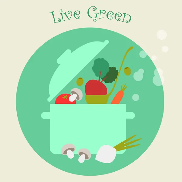 Gezonde levensstijl koken groenten achtergrond, platte vectorillustratie — Stockvector