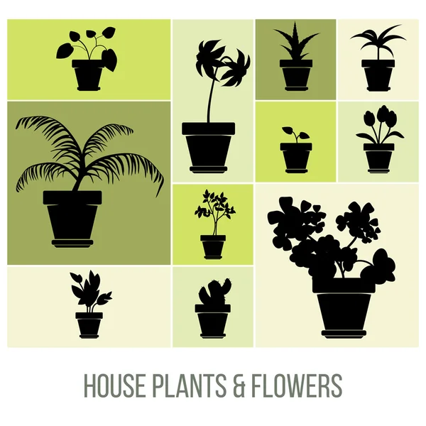Huis planten en bloemen in Pot silhouetten, vectorillustratie — Stockvector