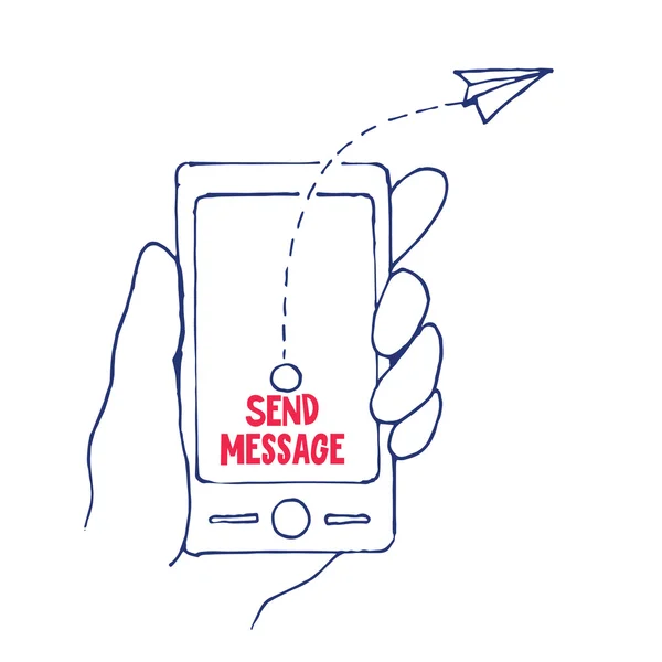 Bir el, bir vektör çizim cep telefonundan mesaj gönder — Stok Vektör