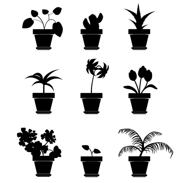 Vektorové domácí rostliny v květináčích silueta Clipart — Stockový vektor