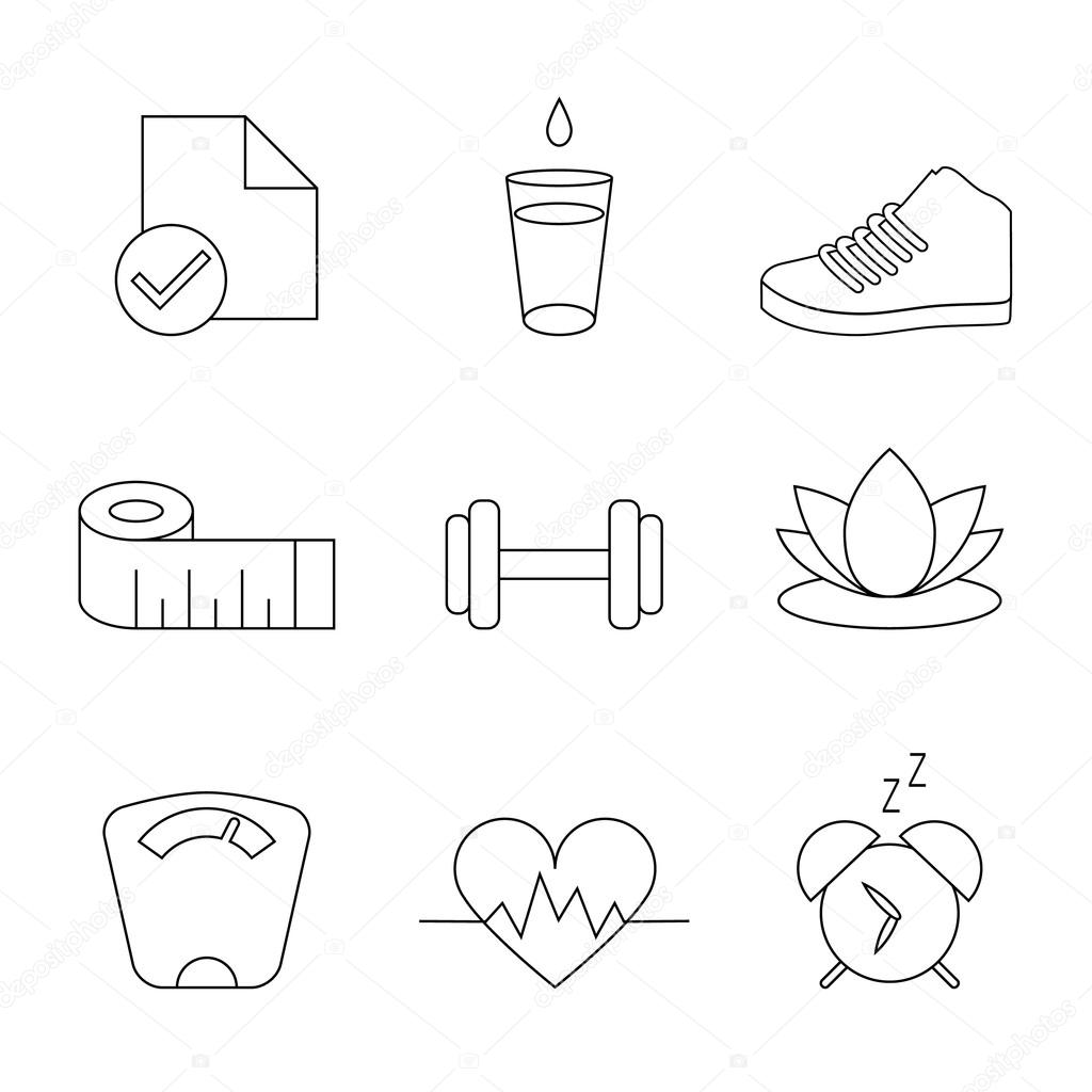 Weight Loss, Diet, Fitness Organizer Tracking Isolated Symbols, Vector Line Icon Set
