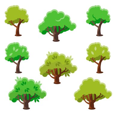 İzole karikatür ağacı seti, düz vektör çizim
