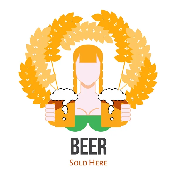 Этикетка для продажи пива, логотип с плоским вектором с официанткой — стоковый вектор