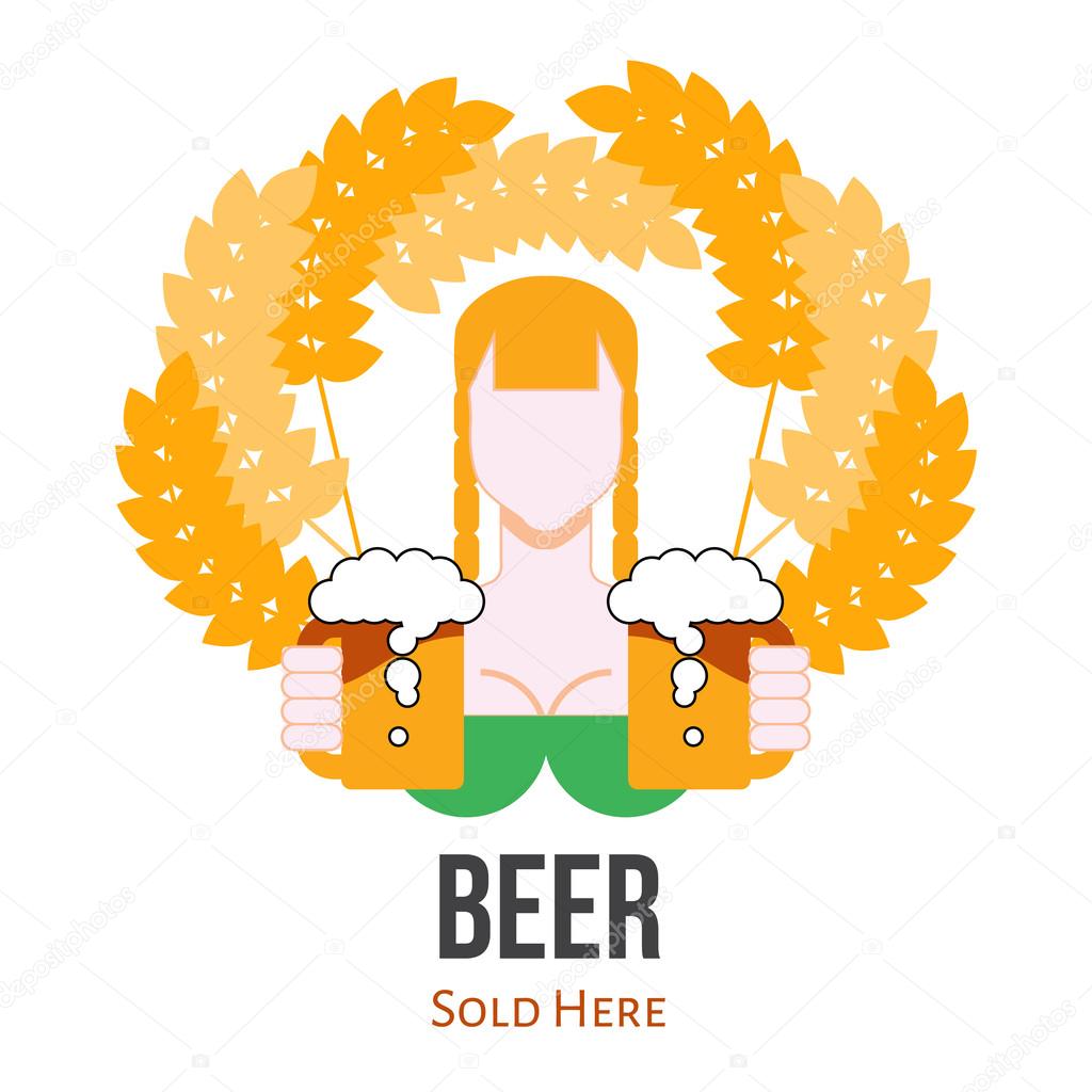 Beer Selling Label Sign, Flat Vector Logo with Waitress for Your Projects
